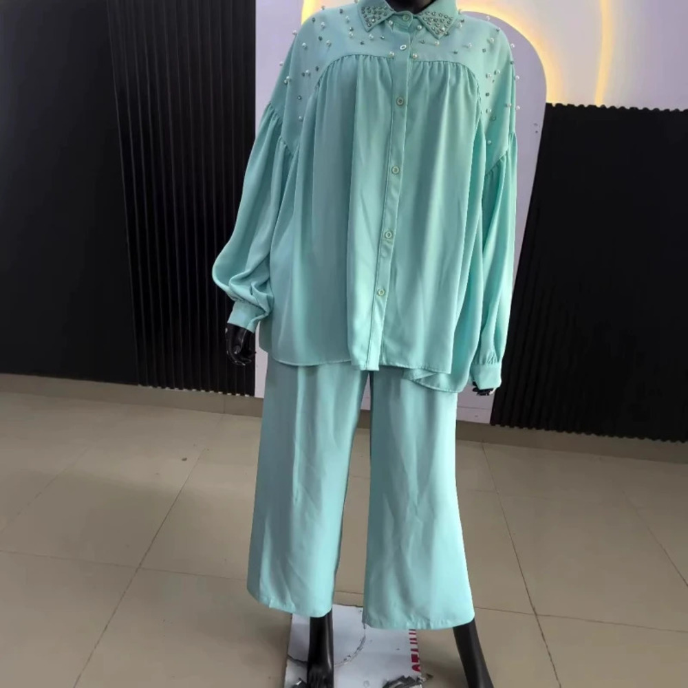 ZARA African Long Sleeve Turn Down Collar Beaded Solid Shirt and Loose Pants Set
